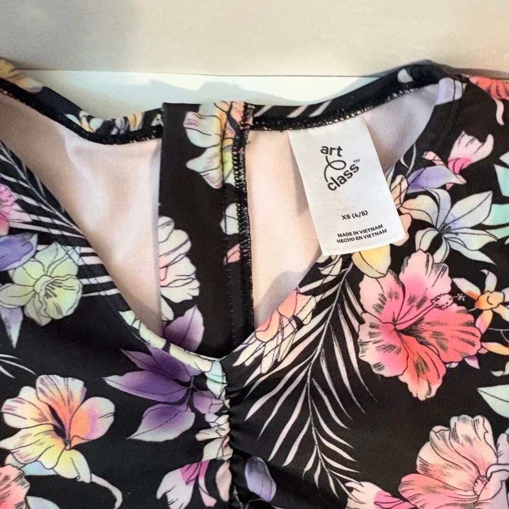 Art Class Swimsuit One Piece Floral Cutout‎ Girls Size XS 4/5 Black Long Sleeved